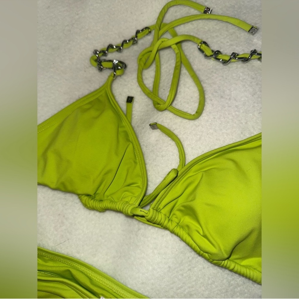 NWT Michael Kors neon Limeade Triangle chains String Bikini Top M Bottom L - Picture 9 of 15